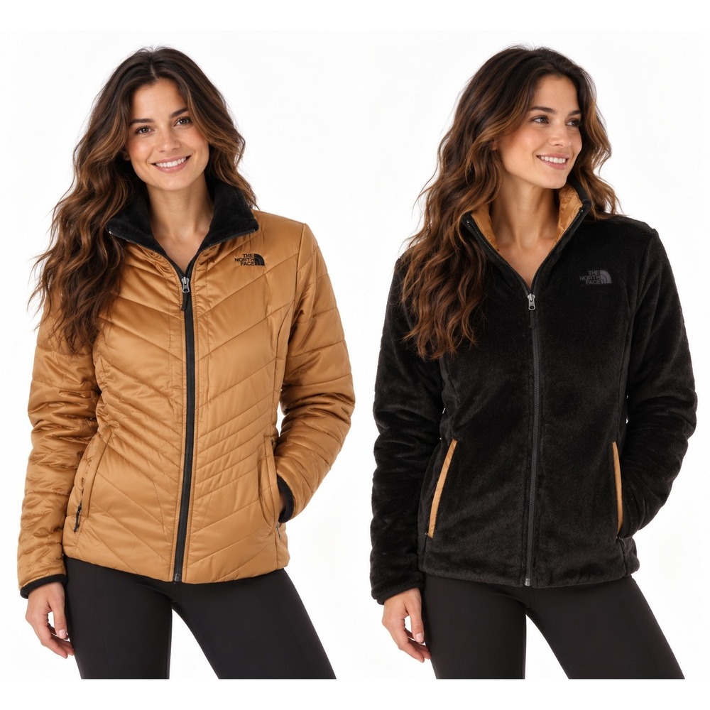 The North Face Mossbud Swirl Reversible Jacket Womens M Gold Black Fleece